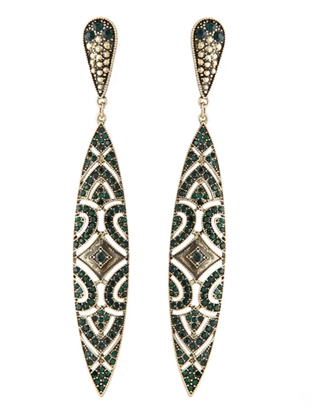GOLD-TONE EMERALD GREEN 💚 DECO SHIELD 💚 LONG DROP FASHION EARRINGS 🌟NWT🌟